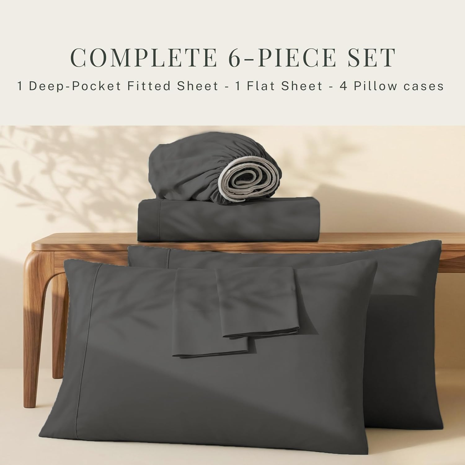 Hearth & Harbor Extra Deep Pocket King Size Sets - Fits Mattress 18-24 Inches Deep - Extra Deep Pocket Sheets - 6 Piece King Size - Grey - Image 5