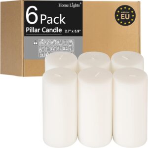 HomeLights Pillar Candles - 2.7x6 inch | 60 Hours Burning, 6 Count - White Unscented Smokeless European Pillar Candles - Perfect for Wedding, Parties, Spas, Home Gatherings and Dinner