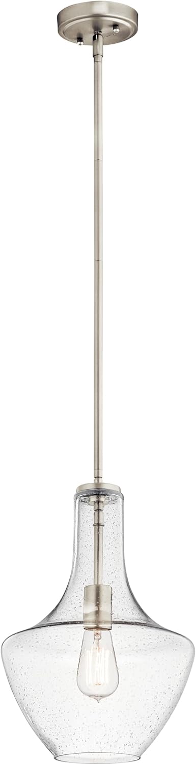 Kichler Everly 1-Light Kitchen Bell Pendant Light, Hanging Light Fixture with Clear Seeded Glass in Brushed Nickel for Kitchen Island or Dining Room (15.25" x 10.5"), 42141NICS