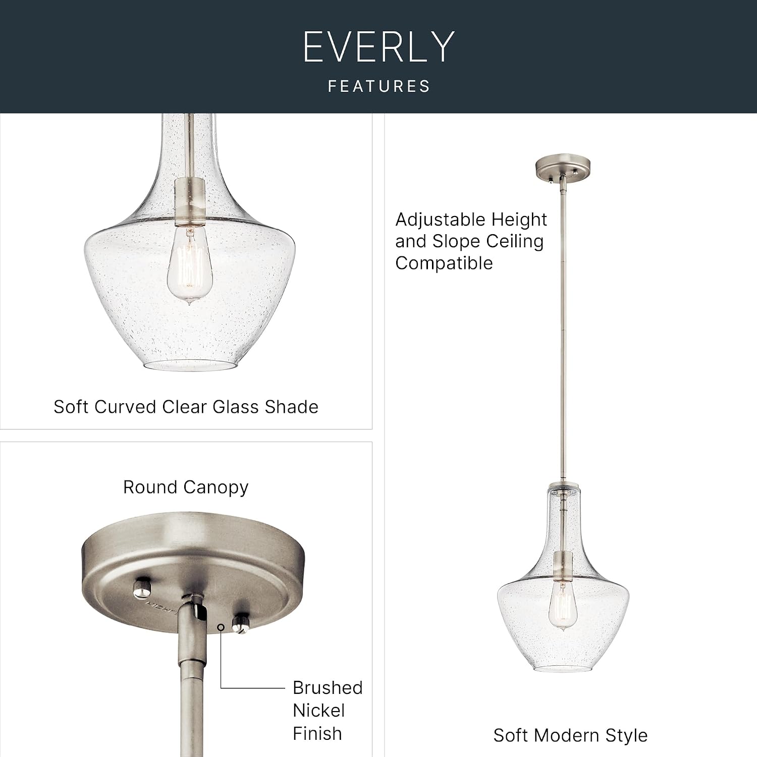 Kichler Everly 1-Light Kitchen Bell Pendant Light, Hanging Light Fixture with Clear Seeded Glass in Brushed Nickel for Kitchen Island or Dining Room (15.25" x 10.5"), 42141NICS - Image 3