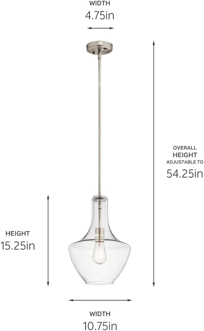 Kichler Everly 1-Light Kitchen Bell Pendant Light, Hanging Light Fixture with Clear Seeded Glass in Brushed Nickel for Kitchen Island or Dining Room (15.25" x 10.5"), 42141NICS - Image 8